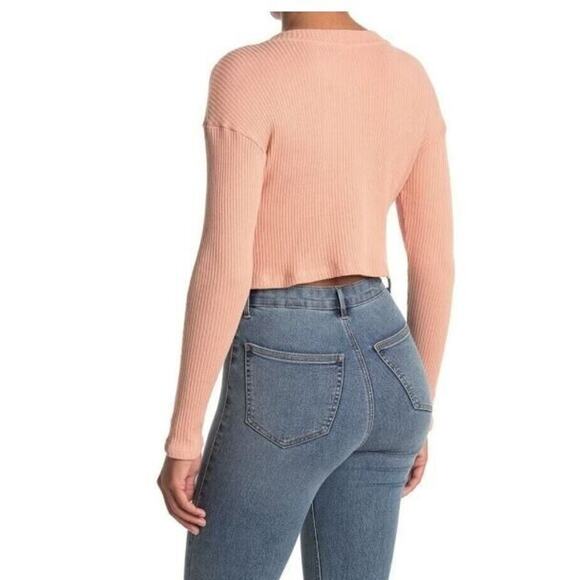 Lush Women's Long Sleeve Ribbed Cropped Henley Top in Cafe Cream Large - Picture 2 of 4